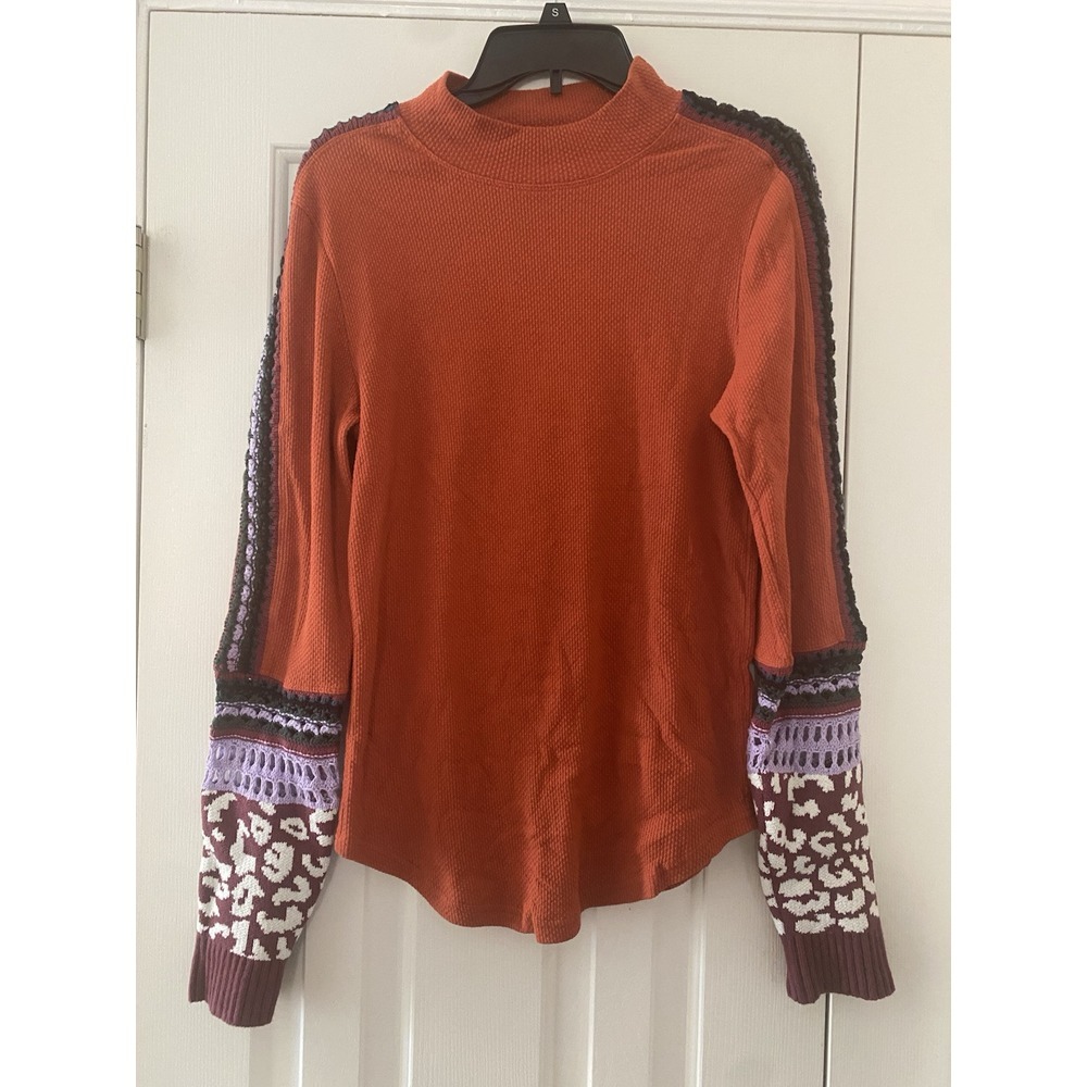 Free People Switch It Up Patchwork Thermal Top Orange Exaggerated Crochet Cuff